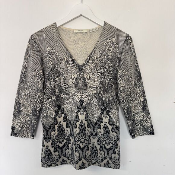 Neiman Marcus Cashmere Collection Luxury Pullover Sweater Lace Print V Neck Lrg. - Picture 2 of 13